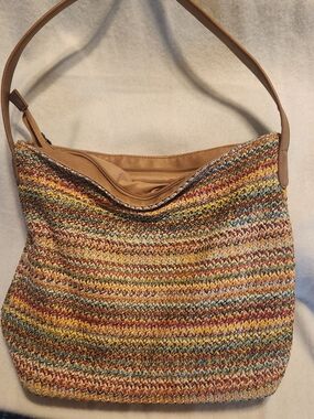 Multicolor Woven Shoulder Bag with Tan Trim